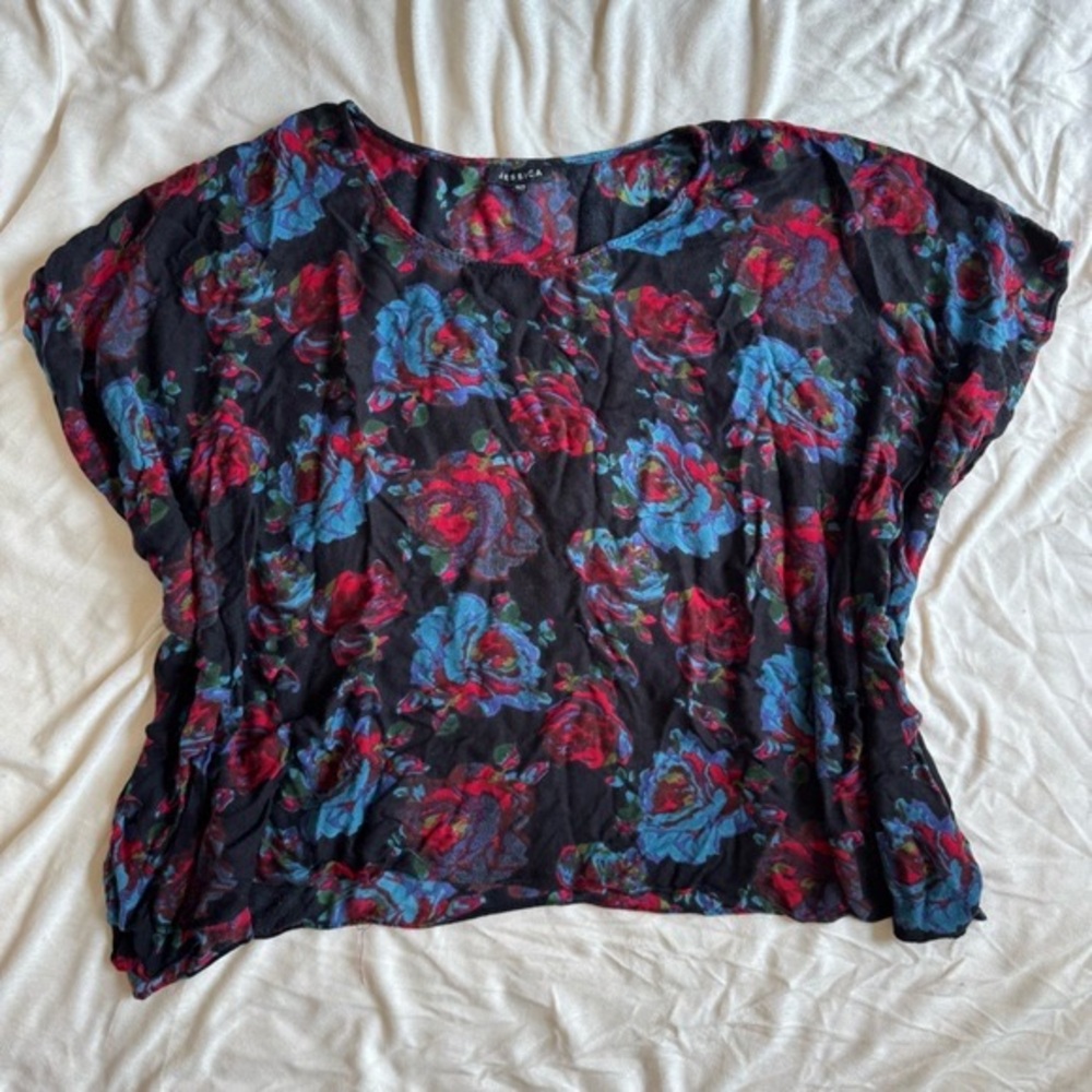 Floral Sheer Boxy Top - Black with Blue & Red Flowers